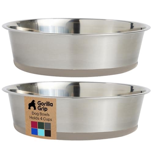 GORILLA GRIP Dog Bowls Food Grade 304 Stainless Steel Holds 4 Cups Each 32 fl oz Food and Water Bowl for Feeding Dogs and Cats Dishwasher Safe Rust Resistant BPA Free Rubber Base Set of 2 Beige