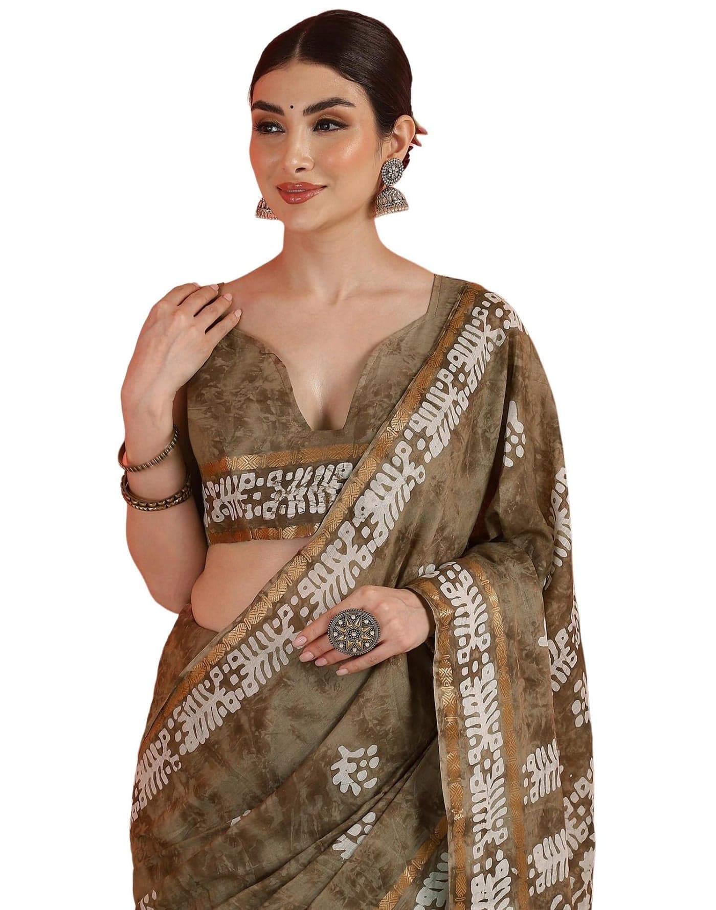 SIRIL Women's Cotton Printed Saree with Unstitched Blouse Piece (4591S171_Brown)