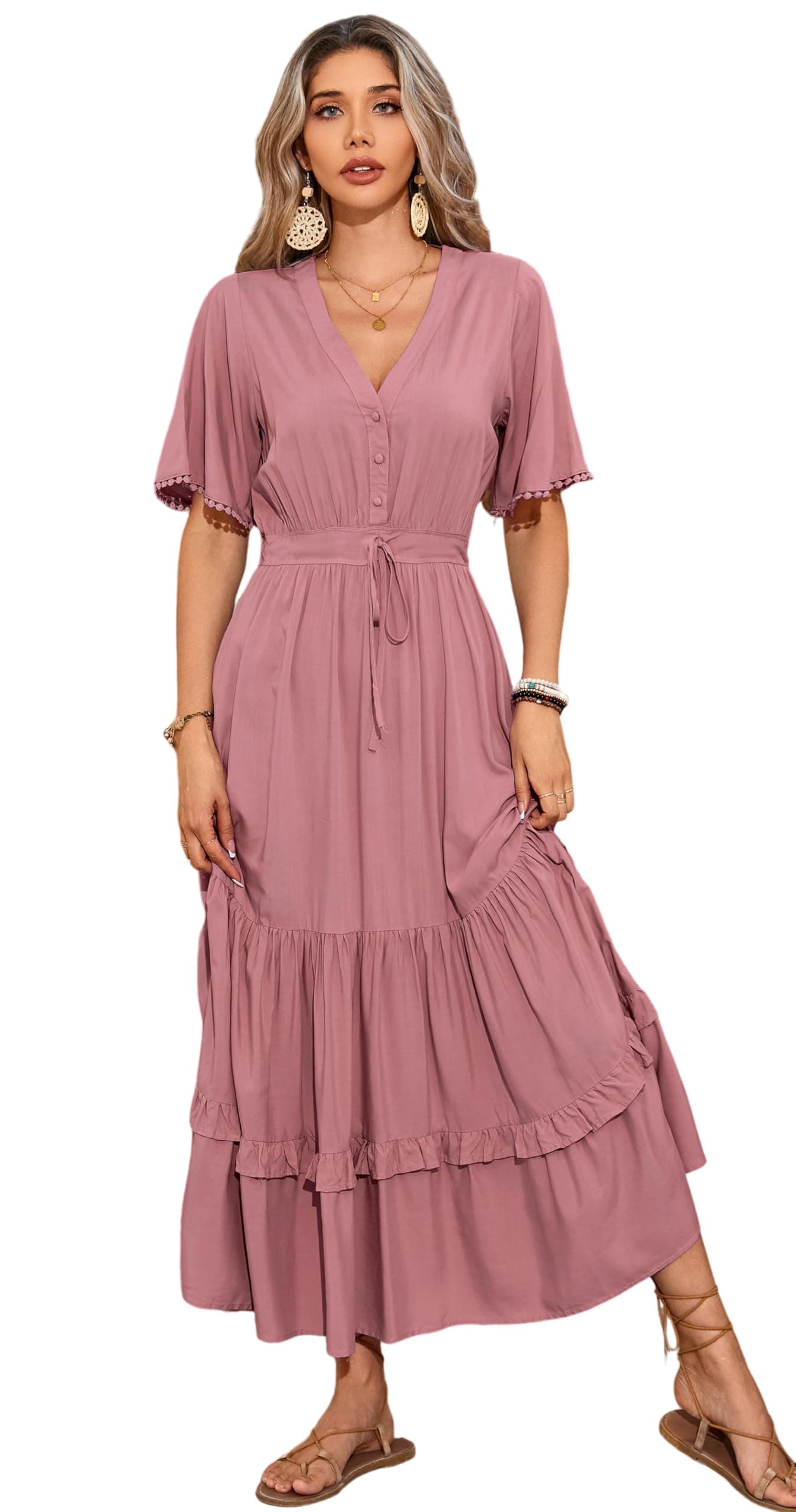 R.Vivimos Womens Summer Cotton Short Sleeve V Neck Floral Print Casual Bohemian Midi Dresses (Small, Mauve)