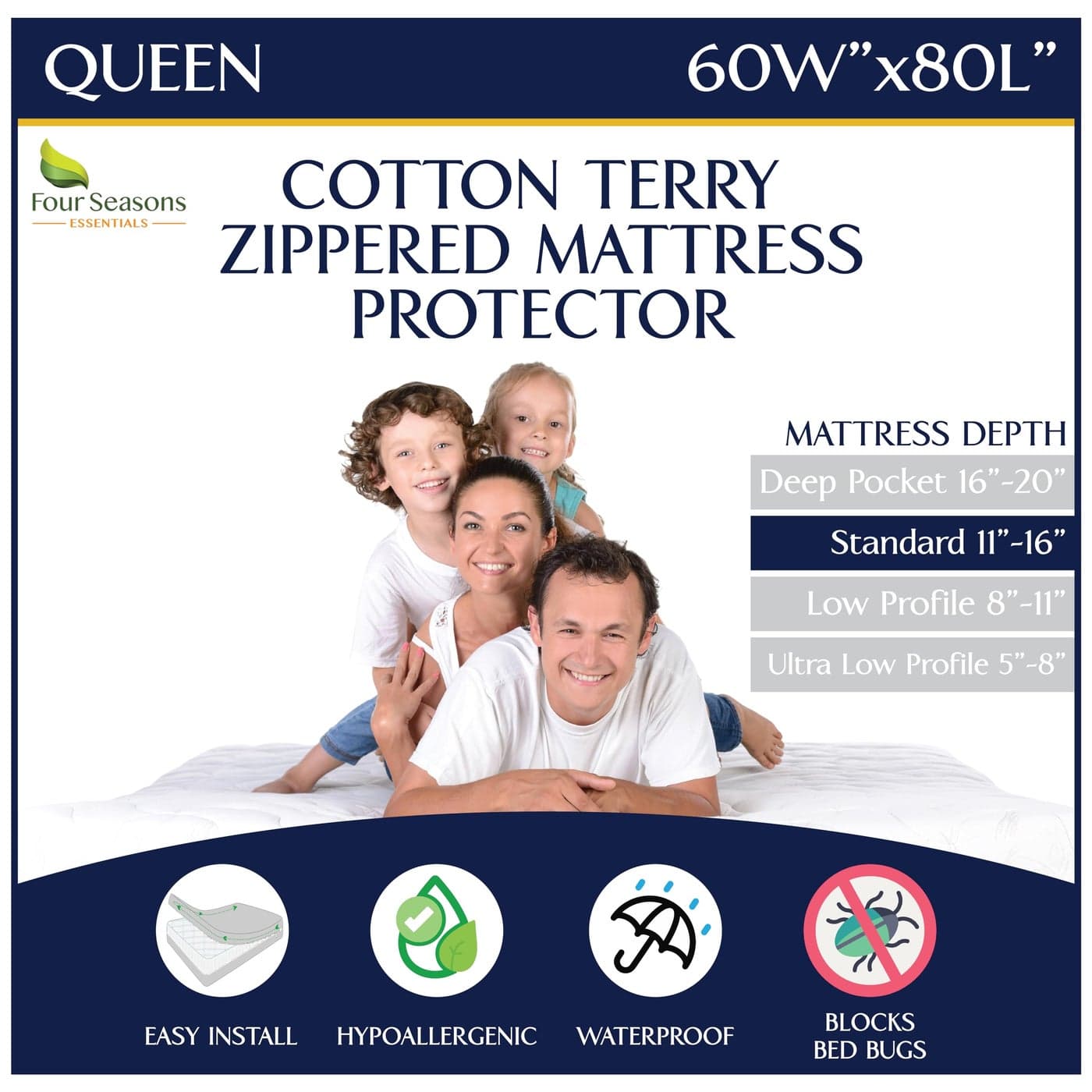 Queen Size Zippered Mattress Protector Waterproof Mattress Cover Hypoallergenic Allergen Proof Bed Encasement Deep Pocket Cotton Terry Top White