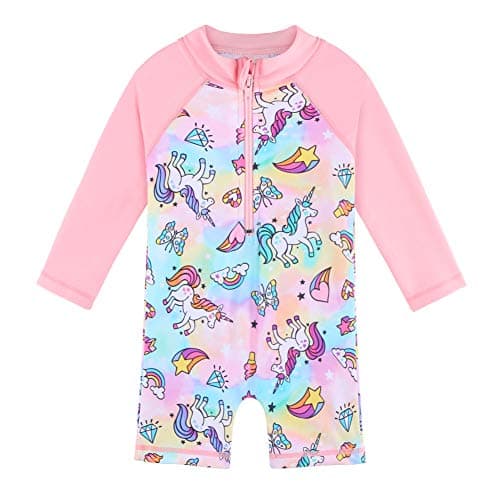 XFGIRLS Baby Girls Swimsuit One Piece Long Sleeve Rash Guard Shirts Quick-Dry Bathing Suit 1-2Years Pink