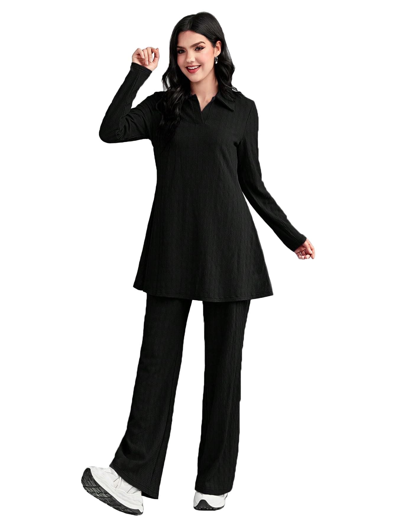 TADKEE Women's Solid Color Two-Piece Set | Long Sleeve Top & Wide Leg Pants Co-ord Set | Casual Wear Co ord Set (FN-Full-Sleeve-Cord-125-Black-XXL)