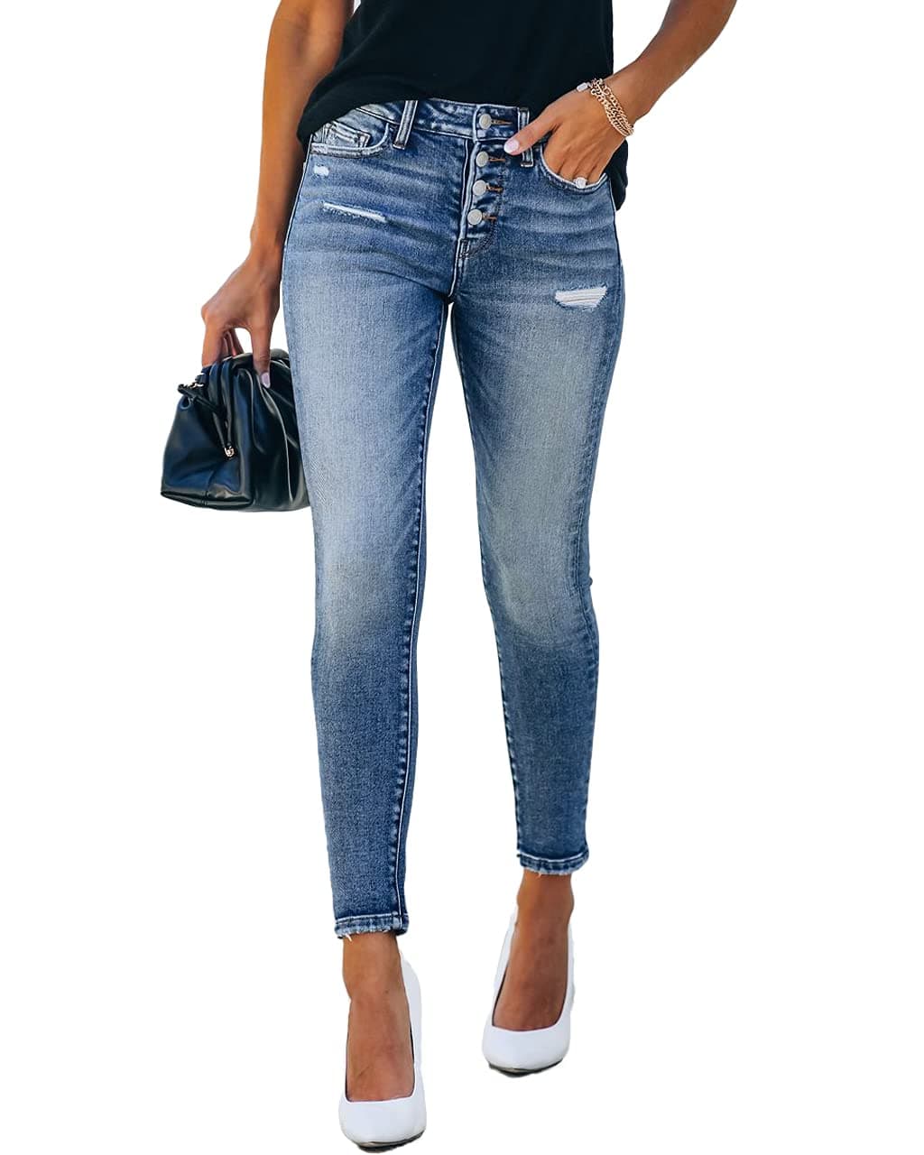 Allimy Womens High Waist Skinny Stretch Ripped Jeans Destroyed Denim Pants 12