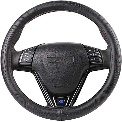 Black Genuine Leather Steering Wheel Cover Soft Silica Gel Liner 15 Inch for Fusion Altima Etc Most Cars