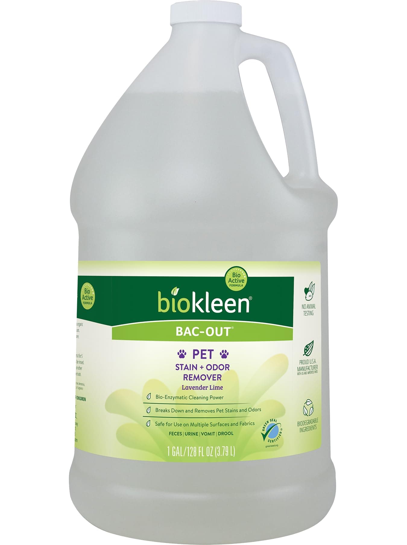Biokleen BacOut Pet Stain Remover Enzymatic Natural PlantBased Destroys Stains Odors Safe for Surfaces Fabrics Carpet Cleaner EcoFriendly Lavender Lime Scent 1 Gallon
