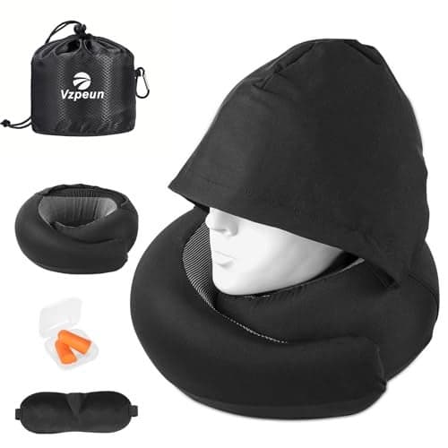 Vzpeun Travel Pillow Hooded Neck Pillow Airplane Memory Foam Filling for Plane Office Cars Sleeping Road Trip Long Flights Airplane Travel Essentials Includes Eye Mask Earplugs Black