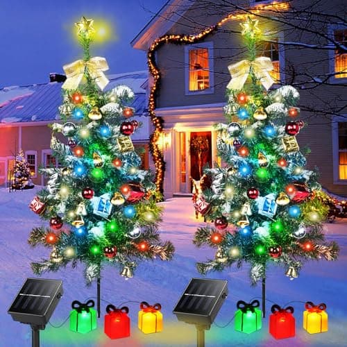 Aukora Solar Christmas Tree Lights Outside Decorations 31 in8 Modes Christmas Light Outdoor Waterproof with 23 Xmas Accessories 3 Gifts Box Lights for Garden Pathway Cemetery Decorations2Pack