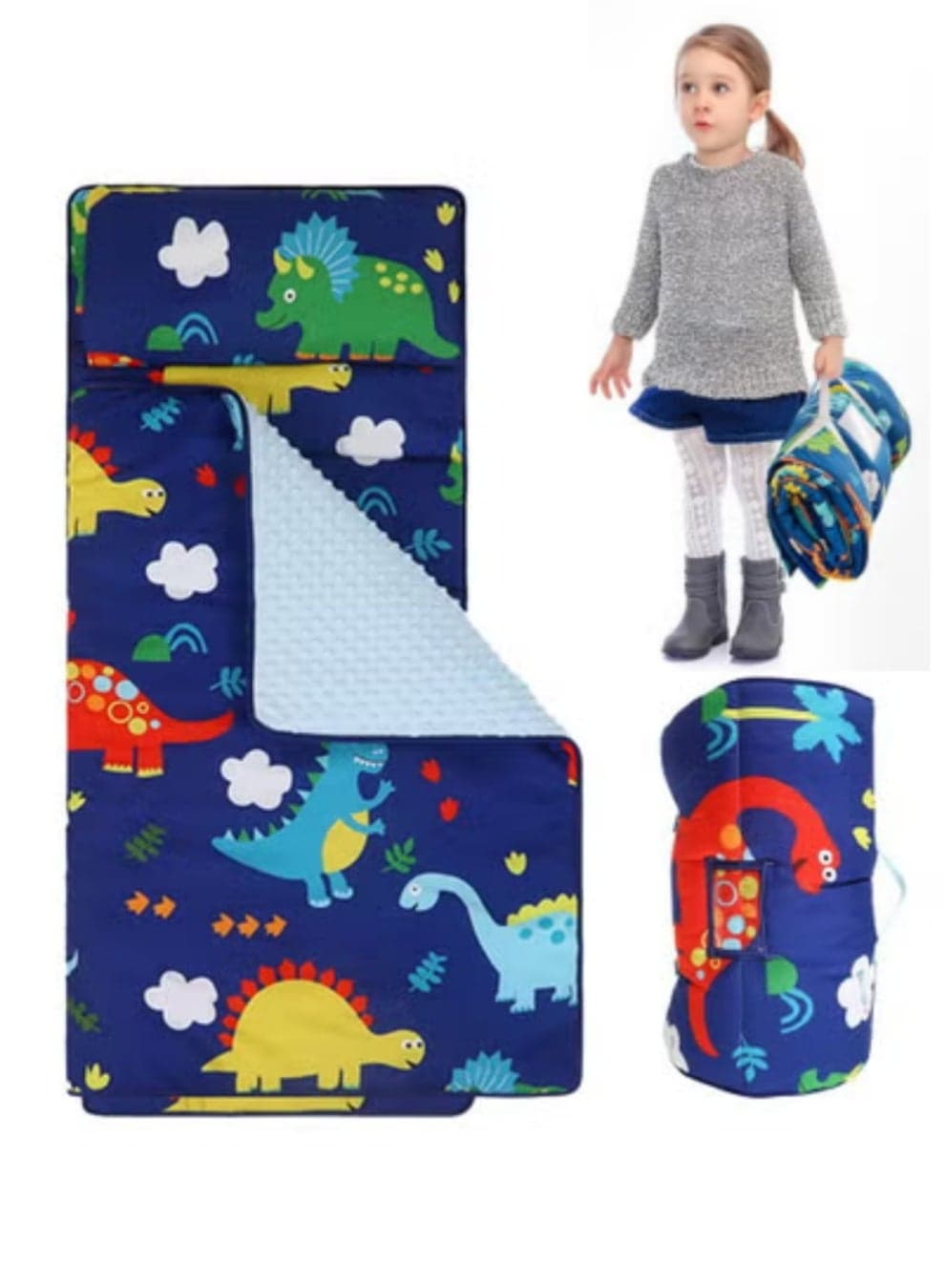 Extra Long Toddler Nap Mat, Kids Sleeping Bag with Removable Pillow and Attached Blanket, Roll Up Preschool Nap Mat with Carry Handle for Daycare, Nursery, Sleepovers and Travel, Age 1-3