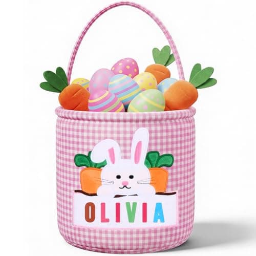 OXYEFEI Easter Baskets for Kids,Pink Embroidered Reusable Empty Bunny Egg Personalized Easter Basket with Bracelet for Party Gifts (Pink)