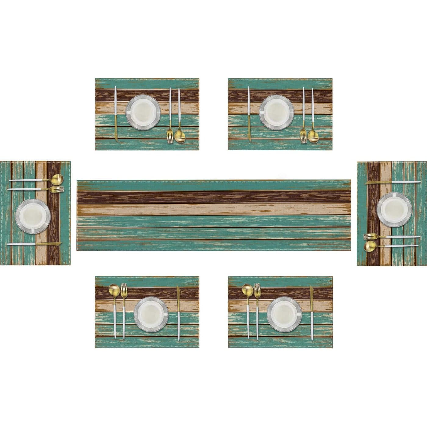 Emvency Cotton Burlap Farmhouse Table Runner with 6 PlacematsBlue Teal HeatResistant Set for Kitchen Coffee Table Party Banquet Decor1 Table Runner 72 inches Long and 6 Placemats