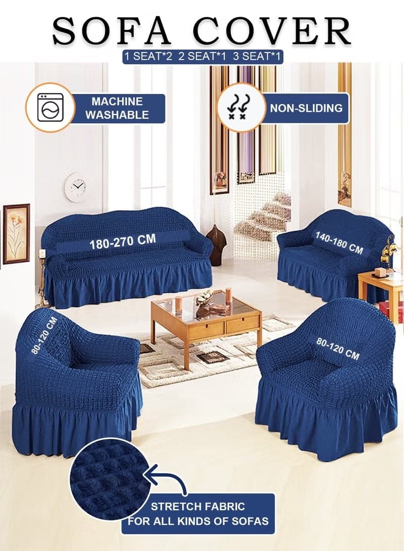 Sofa Cover Set, 4 piece 7 seater(3+2+1+1) Multifunctional Sofa Slipcover, Couch Cover Furniture Protector Cover, Washable High Elastic Durable with Skirt, for Living Room for Bed Room (Dark Blue)