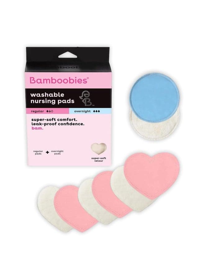 Bamboobies Nursing Pads, Ultra-Soft Velour, Reusable, Washable & Leak-Proof, 6 Ultra-Thin and 2 Overnight Pads for Breastfeeding