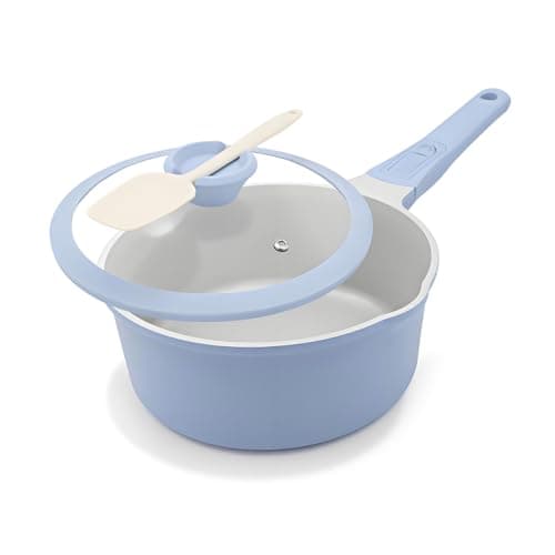AIKENBBKK Small Sauce Pan with Lid, 1.5 Qt Ceramic Saucepan with Lid, Non Stick Sauce Pan, Milk Pot & Sauce Pot & Saucepan with Pour Spout, Detachable Handle Milk Pan, Induction Compatible, Oven Safe