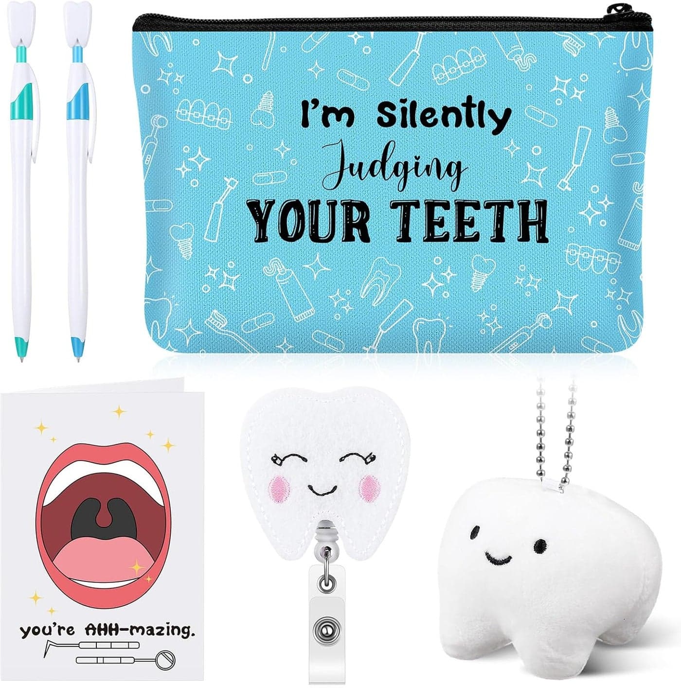 Reginary 6 Pcs Dental Hygienist Gifts for Women Include Inspirational Makeup Bag Tooth Shape Felt Badge Holder Soft Teeth Keychain Greeting Cards and 2 Cute Teeth Ballpoint Pen for Dentist Nurse Gift