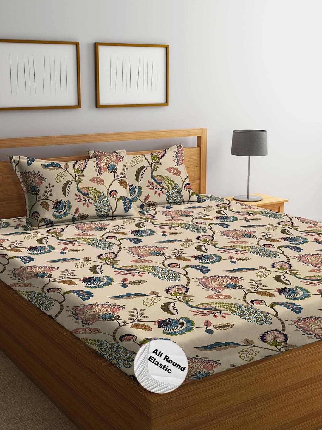 THE HOME STYLE Cotton Elastic Fitted All Around Printed King Size Double Bed Bedsheet wih 2 Pillow Cover (72"x78", Beige Flora) 400TC