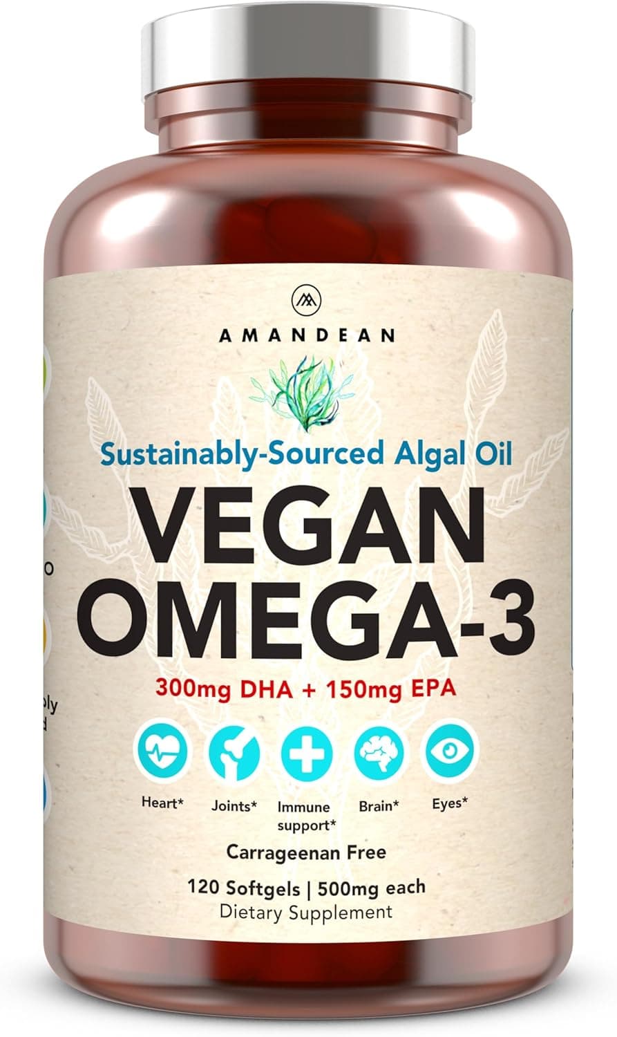 AMANDEAN Vegan Omega 3 Supplement Premium Fish Oil Alternative Algae DHA EPA Carrageenan Free Softgels Algal Essential Fatty Acids Plant Based Heart Brain Eye Skin Immune Support 120ct
