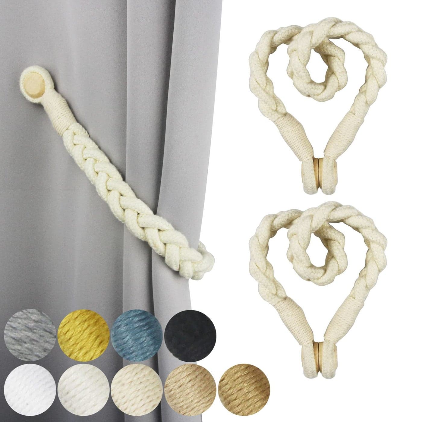 Porlau 2 Pack Beige Magnetic Soft Curtain Tiebacks Cotton HandWoven Tieback Holdback Home Decorative Tie Backs with Wooden Buckle for Home Office Decor