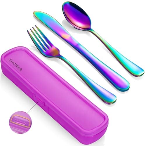 Travel Utensils with Case 4Piece Stainless Steel Portable Cutlery Set Reinforced Case with Buckle Design Lunch Box for Camping Work School Include Fork Spoon Knife Dishwasher Safe Rainbow