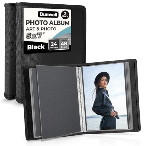 Dunwell Small Photo Album 5x7 (2-Pack, Black), Mounting Paper 5 x 7 Photo & Art Portfolio Presentation Binder, 24 Sleeves Displays 48 Pages, Professional Picture Book for 5x7 Artwork, Postcards