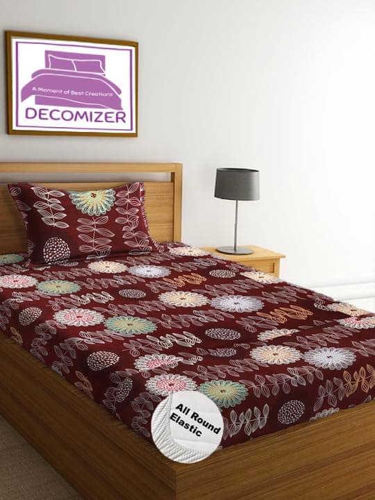 DECOMIZER Cotton Feel Glace Cotton Elastic Fitted All Around Printed Full Length Single Bed Bedsheet With 1 Pillow Cover Fits Upto 6 Inches Mattress,Size- 42X75X8 Inches,Circle Flower Brown, 300 TC