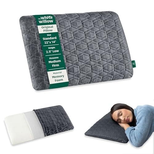 The White Willow Slim Memory Foam Pillow Orthopaedic Bed Neck Back Pain Relief Pillow for Sleeping Ideal for Back Stomach & Side Sleeper with Removable Pillow Cover(24" L x 15" W x 2.5" H) Grey
