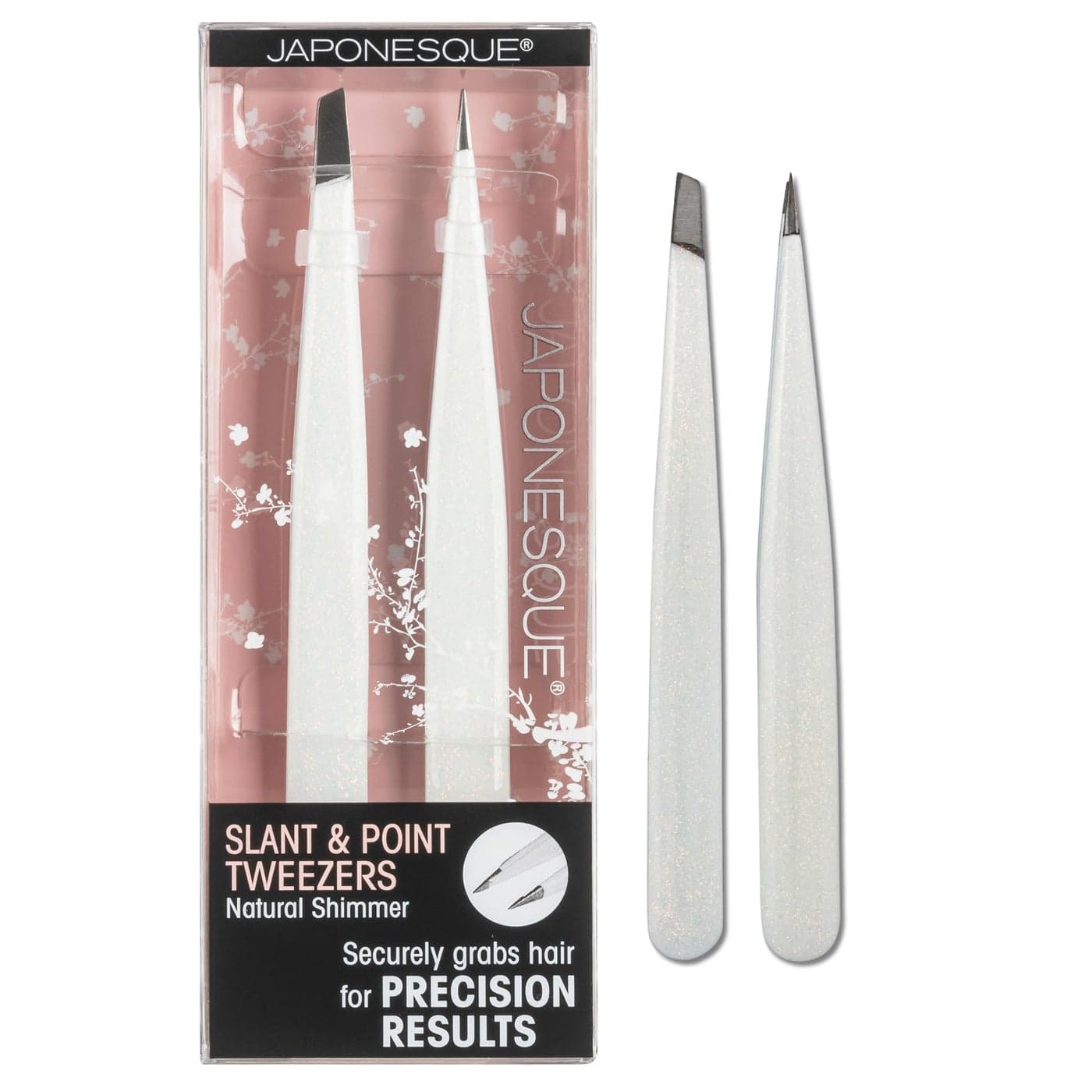JAPONESQUE Pointed Slant Tweezers Natural Shimmer Set Precision Crafted Hand Sharpened Tips for Shaping and Defining Brows