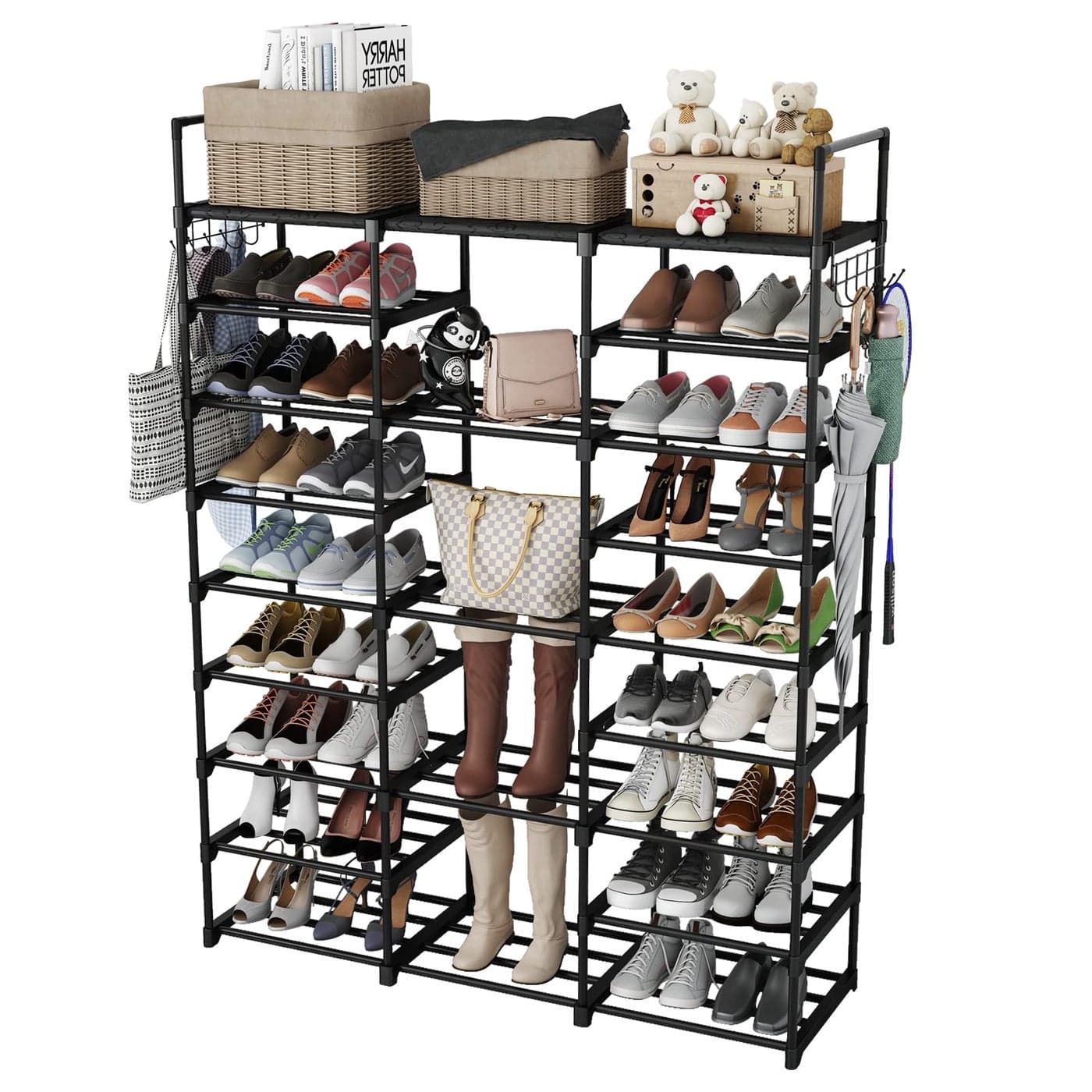 Finew Shoe Rack 9 Tier 3 Row Metal Shoes Storage Organiser Shelf Holds 5055 Pairs Shoe Boots Stackable Stand Shoe Cabinet with Hooks Tall Shoe Tower for Hallway Entryway Space Saving Black