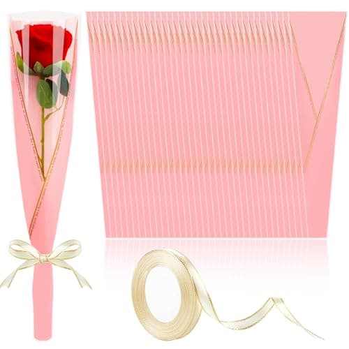 Mauproy 100 Pack Single Rose Sleeves Flower Wrapping Bags Single Flower Packaging Bags with Ribbons for Graduation Wedding Birthday Florist Supplies Pink