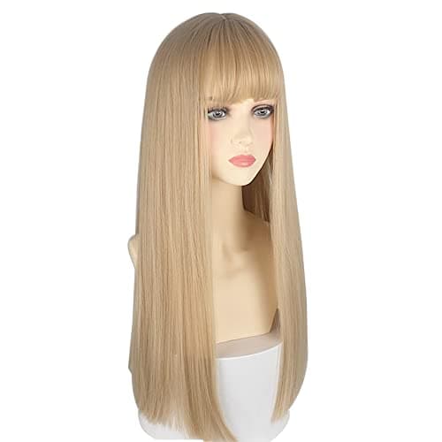 URCGTSA 22 Inches Long Straight Hair for Women Blonde Synthetic Hair Natural Golden Wig With Bangs Party Cosplay Wig White Gold