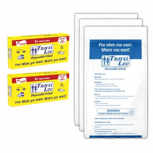 Travel Loo disposable urinal pouch for travel, bed ridden patients, kids, turns Urine, Vomit into Gel instantly | Leak proof and Odourless | 1200 ml Capacity, Pack of 6 bags