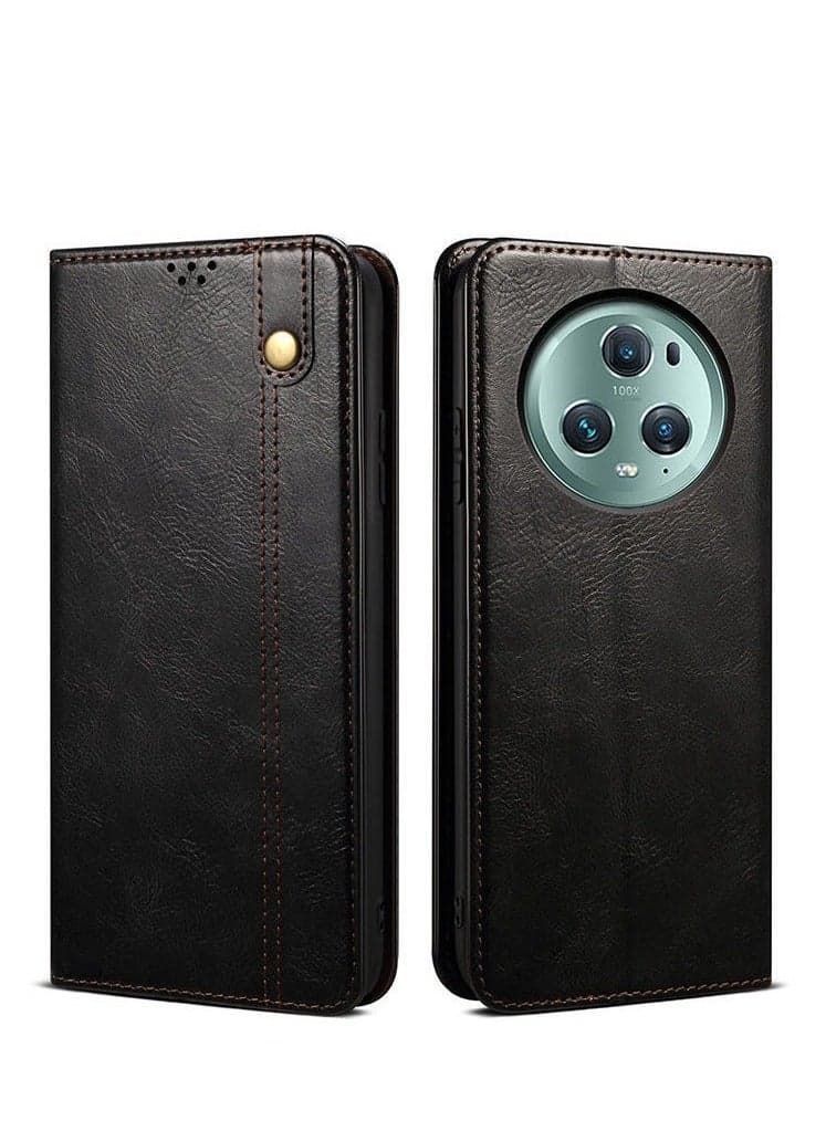 For Honor Magic 5/5 Pro Phone Case - Crazy Horse Magnetic Flip Wallet Case with Credit Card Slot and Silicone Shockproof Cover.