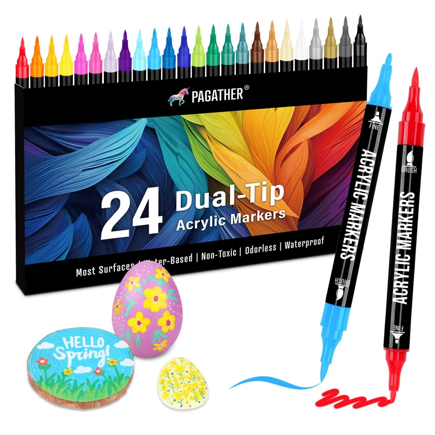 Pagather 24 Colors Acrylic Paint Markers Dual Tip with Fine Tip and Brush Tip Pens for Stone Wood Calligraphy Canvas Ceramic Metal Glass Rock Painting DIY Crafts