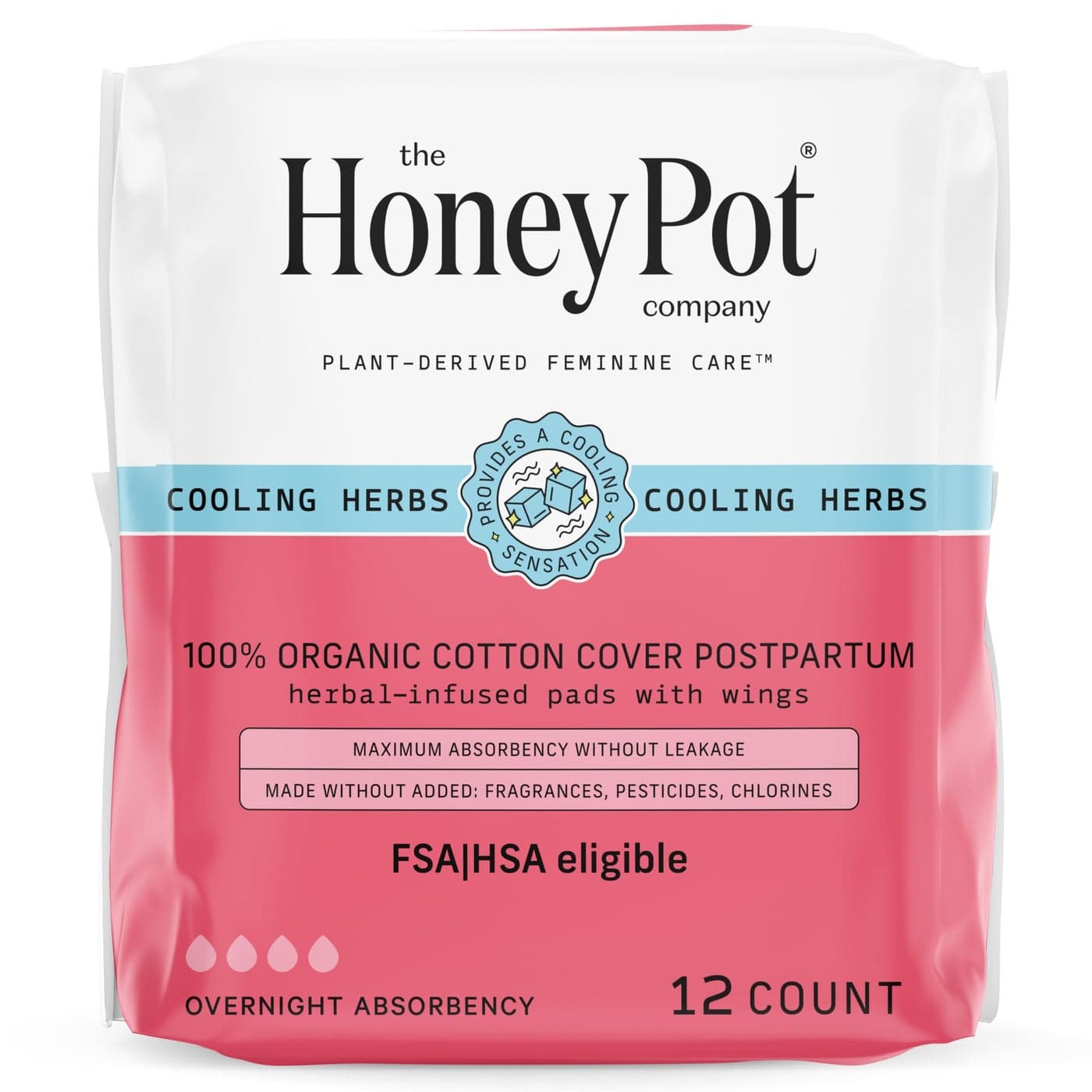The Honey Pot Company - Herbal Postpartum Pads w/Wings - Infused w/Essential Oils for Cooling Effect, Organic Cotton Cover, & Ultra-Absorbent - 12ct