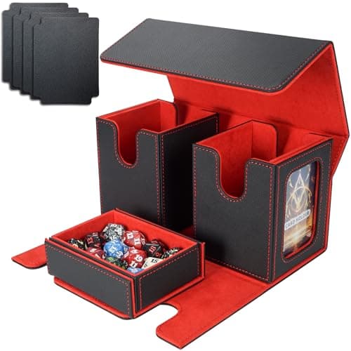 AFIING Mtg deck box with commander display Fits 200 Double Sleeved Cards3in1Card Deck CaseStrong Magnet Card Organizer For Magic Commander TCG CCG4Dividers 2 Toploaders BlackRed