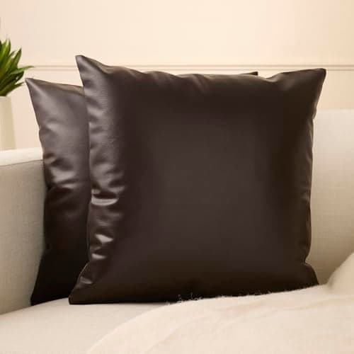 Encasa XO Faux Leather Cushion Covers 40x40 cm Set of 2 | Dark Brown Decorative Cushion Covers | Modern Farmhouse Pillow Cases for Outdoor, Living Room, Bedroom, Couch, Sofa