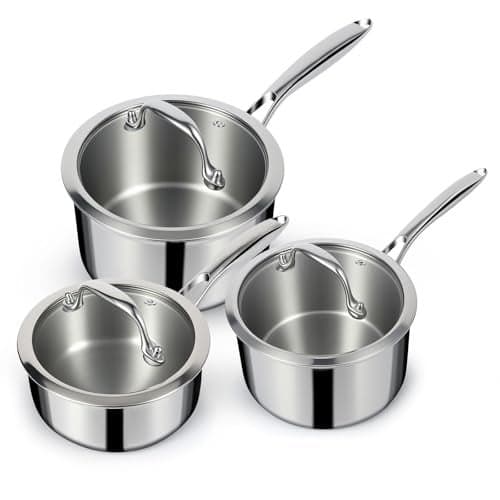 EWFEN 3 Ply Stainless Steel Sauce Pan Set with Lids, 1 & 2 & 3 Quart Multipurpose Cooking Pot, Stay-Cool Handle, Induction Oven Dishwasher Safe, 1QT & 2QT & 3QT