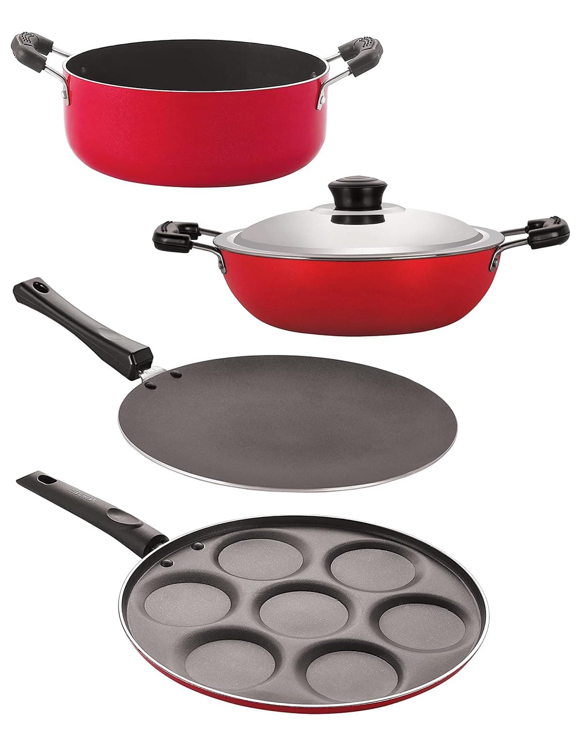Nirlon Non-Stick Aluminium Cookware Combo Casserole/Kadhai with Lid/Concave Roti Tawa/Uttapam Pan - Set of 4 (Red and Black)
