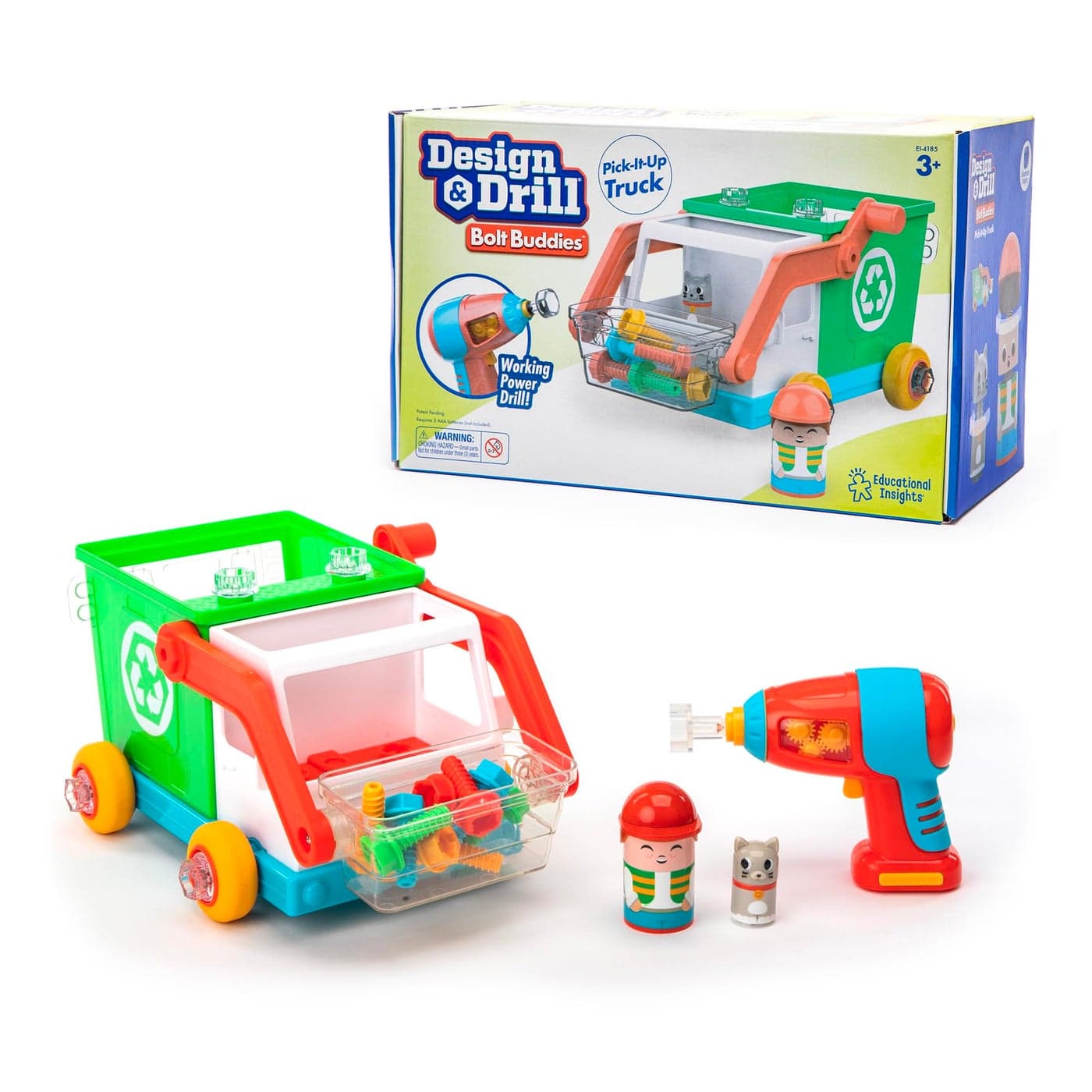 Educational Insights Design Drill Bolt Buddies Recycling Truck Construction Toys Toddler Tools Kids Tool Set with Real Electric Drill Toy Take Apart STEM Set Building Kit Gift for Ages 3