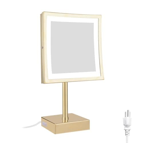 DOWRY Tabletop LED Lighted 5X Magnifying Makeup Mirror Square with Plug 8 Inch Polished Gold Finished