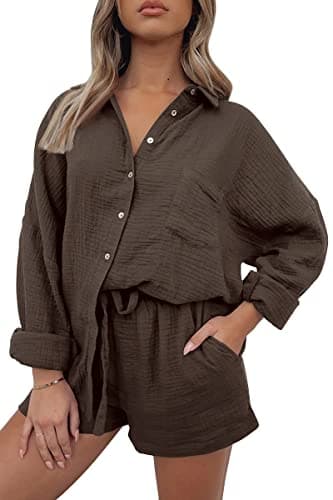 AUTOMET 2 Piece Sets For Women Lounge Wear Matching Two Piece Pajama Fashion Oversized Shirts And Shorts Spring Outfit 2025 01Brown S