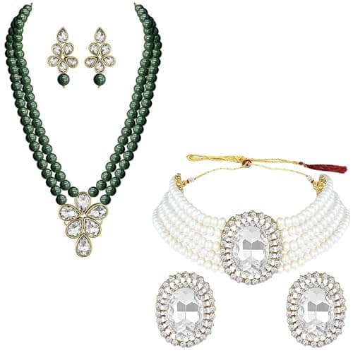 I Jewels Gold Plated Traditional Stone Studded Pearl Choker Necklace Jewellery Set For Women/Girls (ML316) (Green-White)