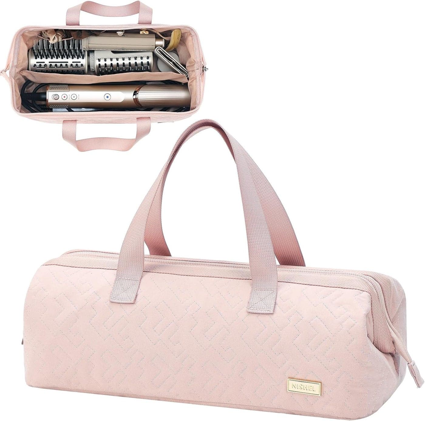 NISHEL Hair Tools Travel Carrying Bag, Portable Hair Air Wrap Dryer Case, Curling Iron, Airstraight Attachment Organizer, Hairdressing Set, Pink