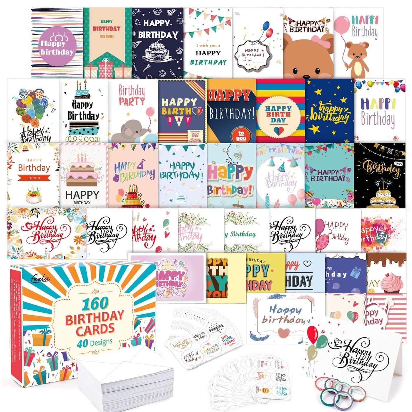 feela Birthday Cards Bulk 160 Pack 40 Designs Happy Birthday Card Assortment Box with 160 Blank Envelopes 168 Pieces of Stickers 6 Washi Tapes 4 X 6 Inches Greeting Cards For Girls Family Friends