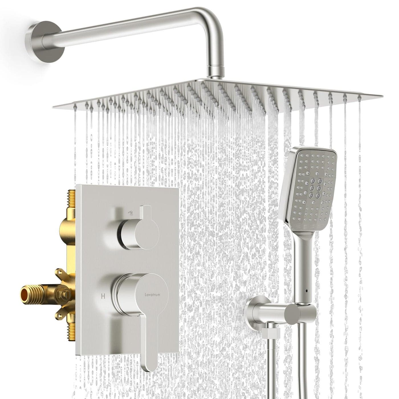 Lavatrum Shower Faucet Set 12 inches Rain Shower System with 6 Function Handheld Shower Head Rough in Pressure Balance Valve Kit Stainless Steel Bathroom Shower Kit Complete Brushed Nickel