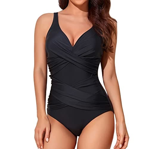 Smismivo Tummy Control Swimsuits for Women Slimming Plus Size One Piece Bathing Suit Modest Padded Ruched Push Up Long Torso Curvy Shapewear V Neck Swimming Full Coverage Swimwear (Black)