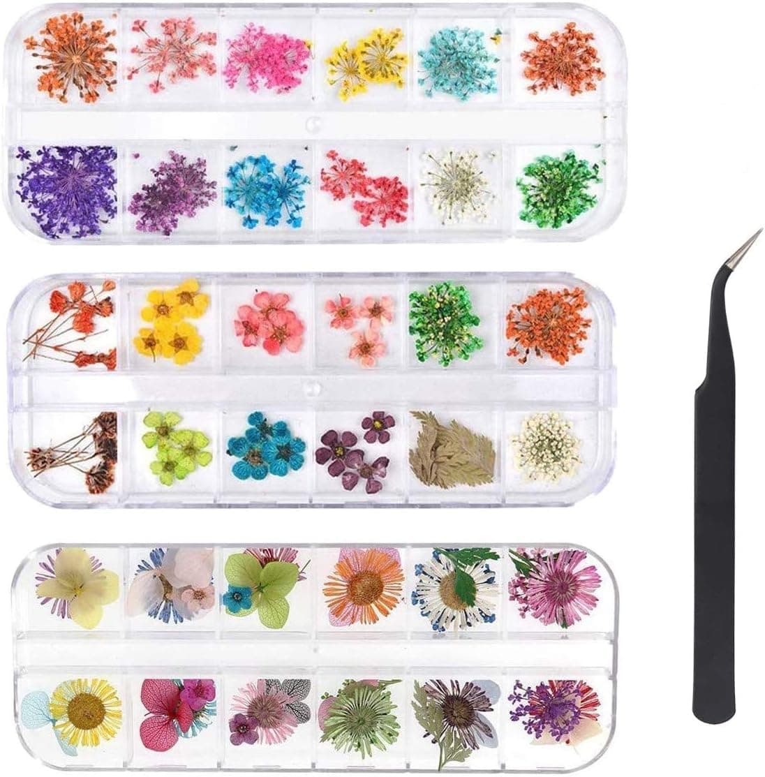 KAHEIGN 96 Pieces Nail Dried Flower 3D Nail Art Real Dried Flower Nail Applique Nail Parts Preserved Flower Manicure Nail Art Decoration with Tweezers
