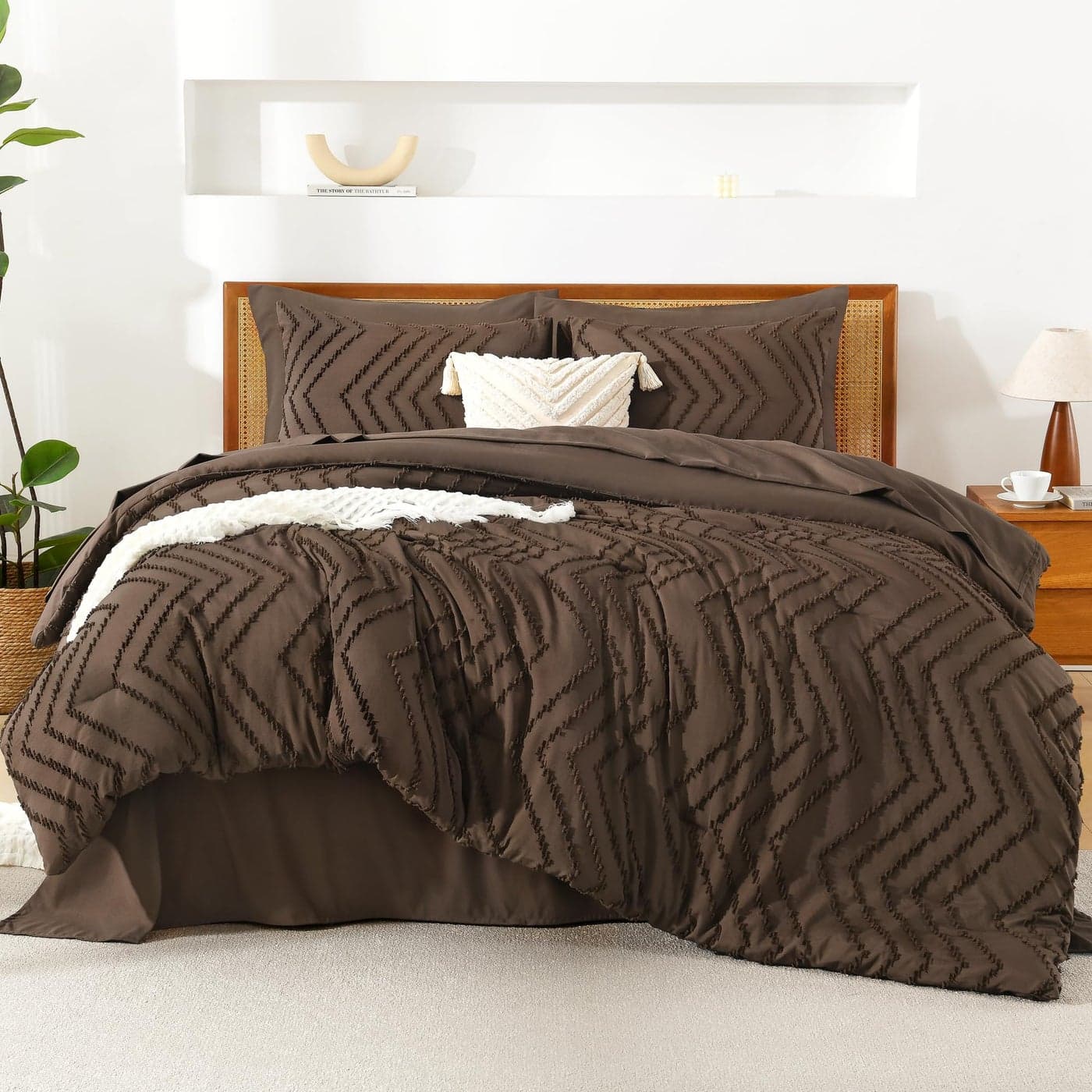 Litanika California King Size Comforter Set with Sheets Brown 7 Pieces Bed in a Bag Cal King Chevron Tufted Complete Bedding Sets with Comforter Sheets Pillowcases Shams