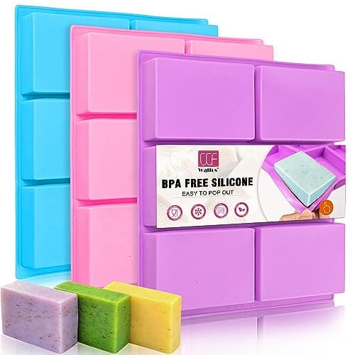 Walfos Silicone Soap Molds Set of 3, 6 Cavities Rectangle Silicone Soap Molds for Homemade Craft Soap Mold, Cake,Chocolate & Ice Cube Tray(Blue & Purple & Pink)