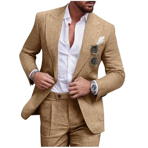 Diaryan Men Suits Linen Formal Tuxedo Regular Fit Blazer 2 Piece Khaki One Button Solid Jacket and Pants for Prom Wedding L