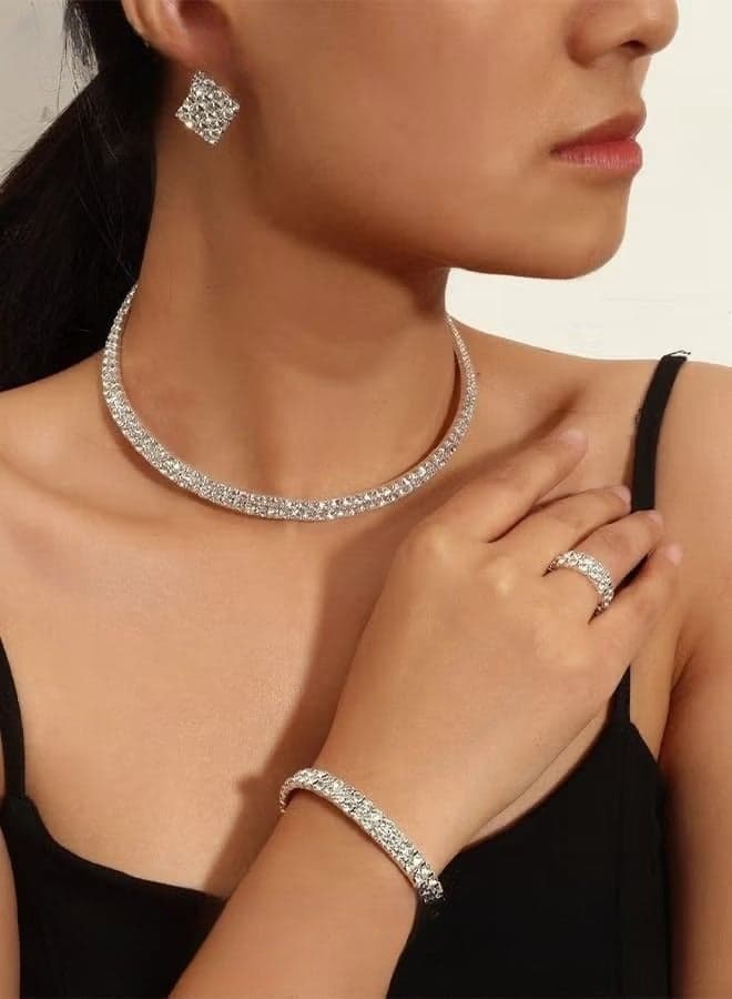 4 Pcs Rhinestone Choker Bracelet Ring Earrings Studs Set Double Row Round Diamond Collar Necklace Bridal Evening Dress Accessories for Women Silver/Clear